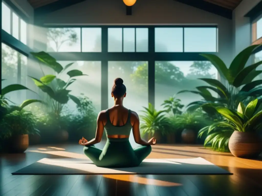 Serena meditación entre plantas verdes Meditación con beneficios de atención plena en un ambiente sereno, iluminado por la luz natural