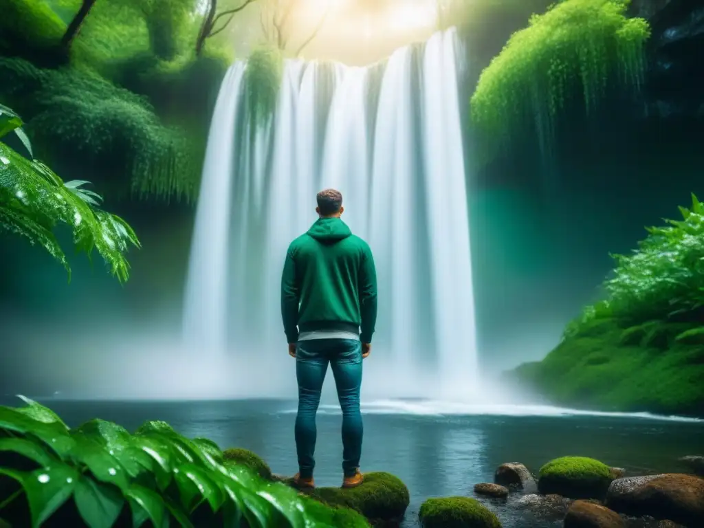 Persona bajo cascada en bosque verde sereno Beneficios de baños de agua fría: Persona bajo cascada en bosque verde con atmósfera serena y refrescante
