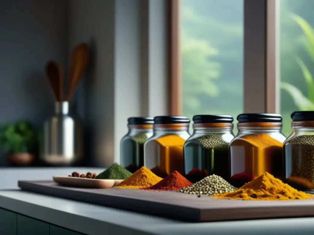 Mostrando los beneficios de la dieta ayurvédica en casa con especias coloridas en cocina serena