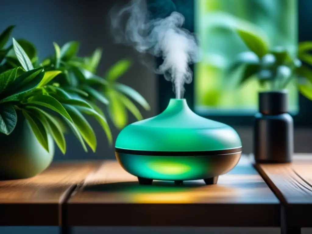 Armonía y bienestar: difusor de aceites esenciales en ambiente sereno Beneficios difusores aromaterapia para bienestar: ambiente tranquilo con difusor de aceites esenciales y plantas verdes