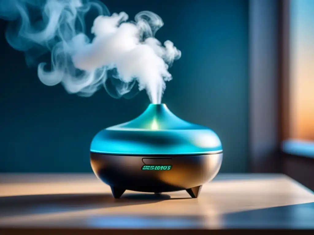 Difusor de aromaterapia: serenidad y elegancia Beneficios de los difusores de aromaterapia para bienestar: elegante difusor moderno liberando vapor aromático en fondo neutro y sereno