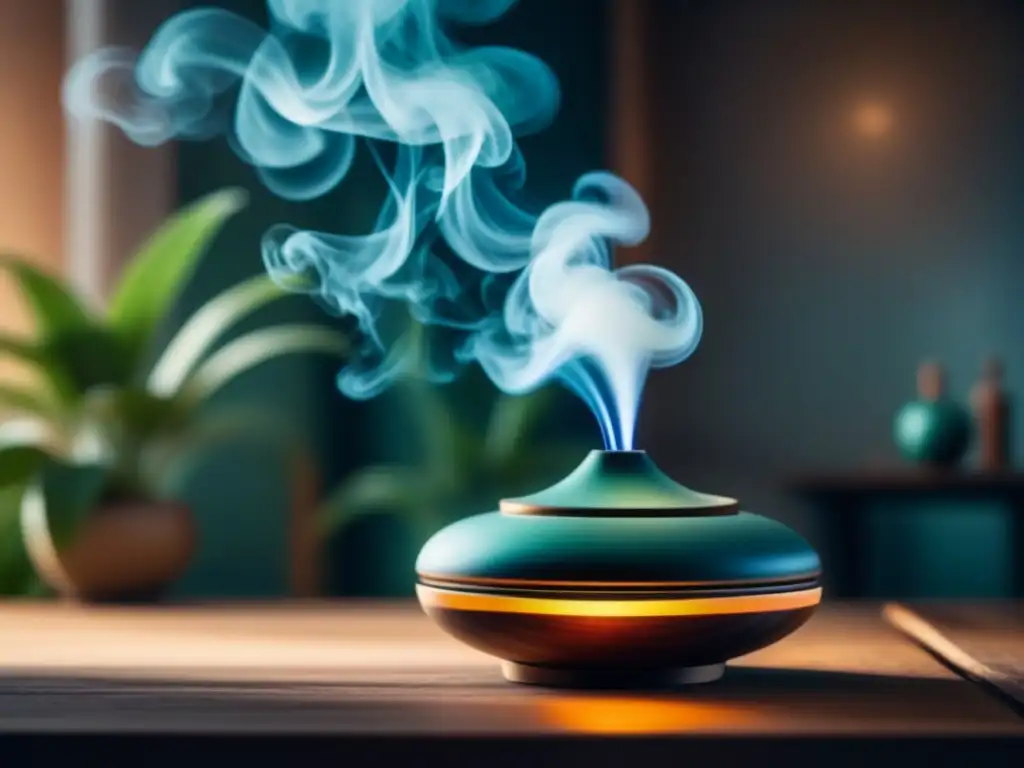 Esencia aromática: humo en espiral sobre un hogar minimalista Beneficios del incienso en casa: Espiral de humo fragante en un espacio sereno y armonioso