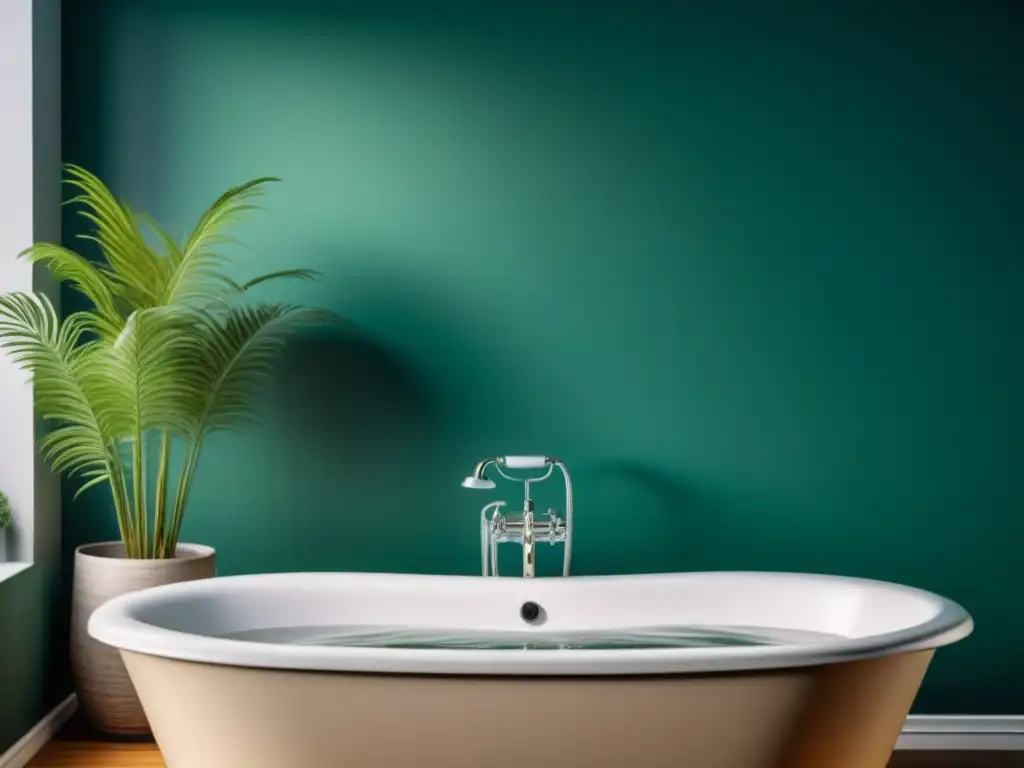 Baño sereno: terapia de contrastes con agua Beneficios terapias contraste agua: Baño sereno con bañera y cubo de agua fría, tonos suaves y verde para terapia en casa