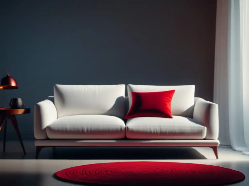 Sofá blanco minimalista con cojín rojo vibrante Sofá blanco minimalista con cojín rojo vibrante y arte contemporáneo en sala estar