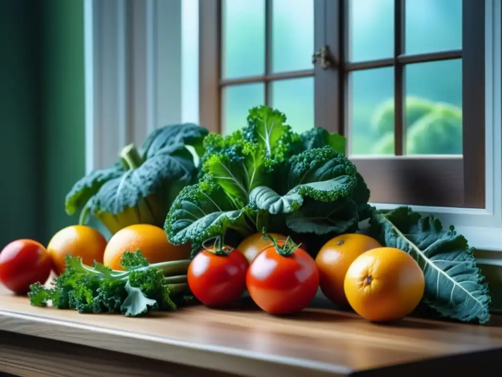 Exquisita selección de frutas y verduras orgánicas en una mesa de madera Un bodegón sereno de frutas y verduras orgánicas frescas en una mesa de madera, iluminado por luz natural