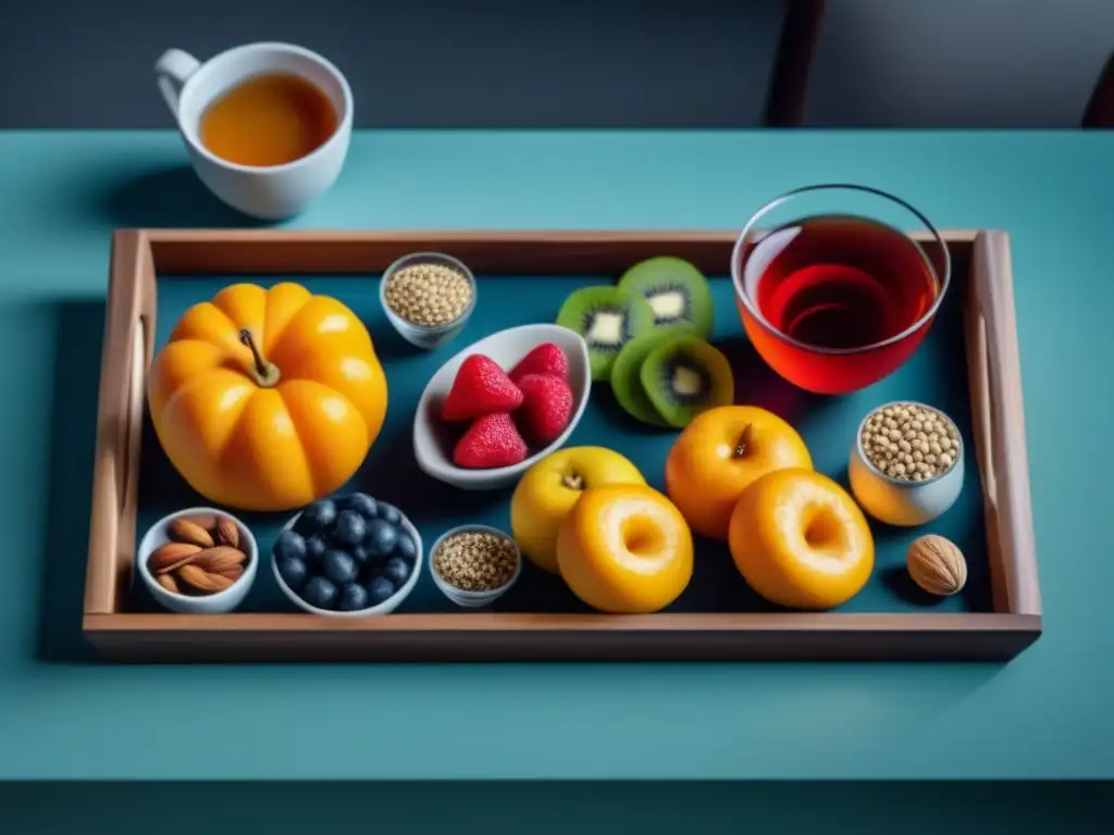 Bandeja de snacks saludables y té herbal: un oasis de calma Bodegón de snacks saludables para relajarse con frutas coloridas, frutos secos, semillas y té herbal en mesa moderna