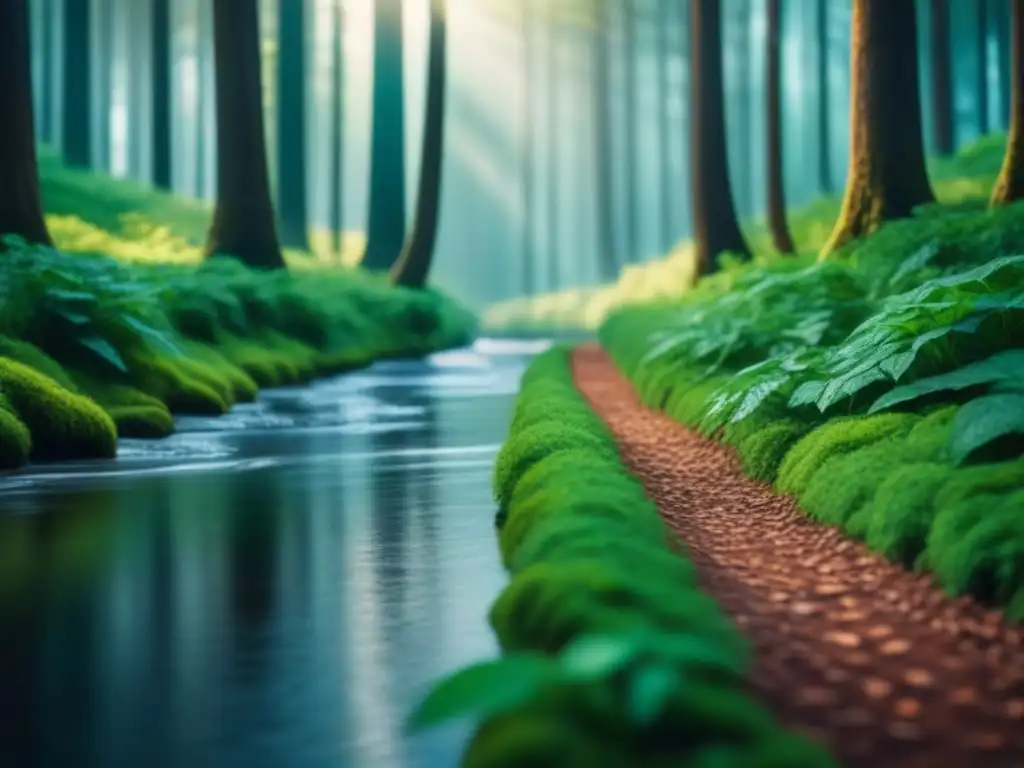 Bosque sereno: naturaleza sostenible y tranquila Un bosque exuberante con rayos de sol filtrándose entre las hojas, creando un efecto moteado en el suelo del bosque