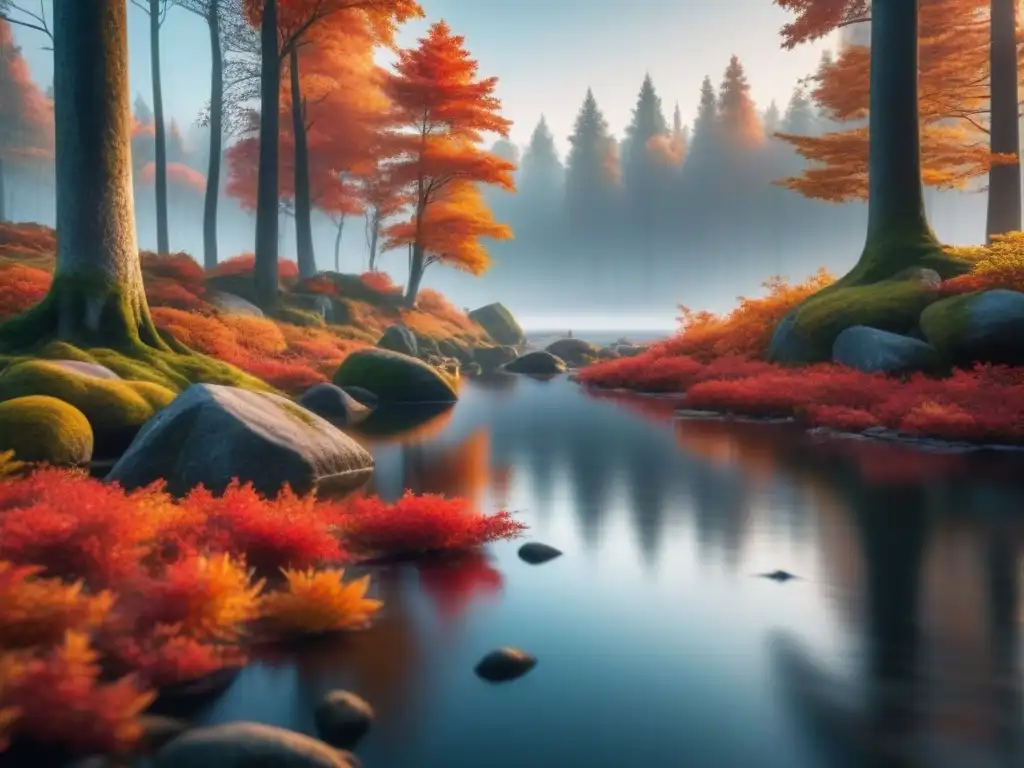 Bosque otoñal: paisaje sereno en ultra definición 8K Un bosque otoñal sereno con hojas naranjas y rojas cayendo en un estanque