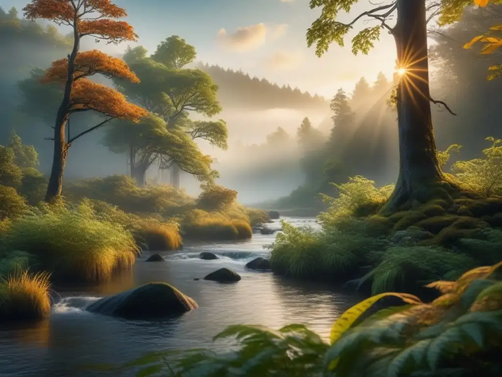 Bosque sereno al amanecer: detalle ultrarrealista de la naturaleza Un bosque sereno al amanecer con río tranquilo, reflejando el cielo