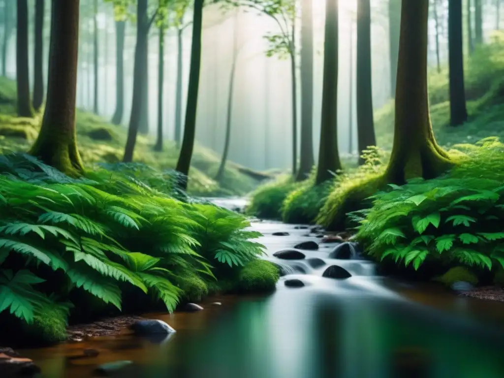 Bosque tranquilo: luz, sombras y armonía en la naturaleza Un bosque tranquilo con luz filtrada entre verdes hojas, arroyo y sombras