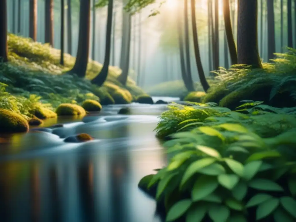 Bosque tranquilo: luz dorada entre árboles altos y arroyo sereno Un bosque tranquilo con luz solar entre las hojas