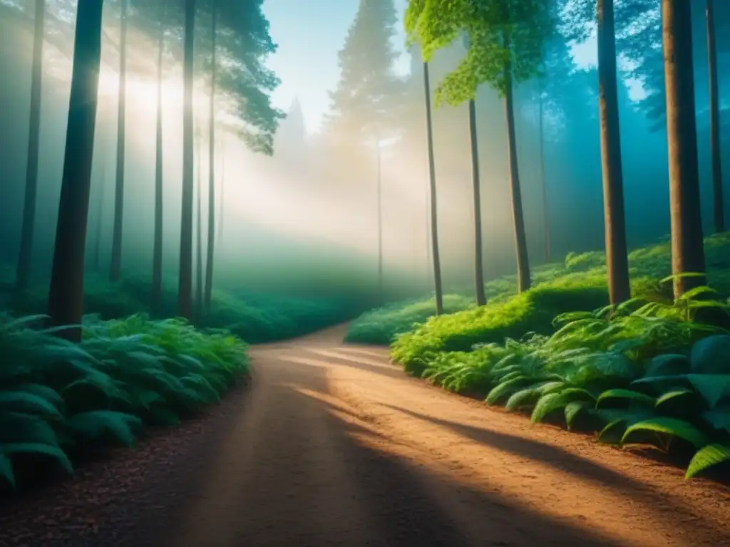 Exuberante bosque urbano: conexión y tranquilidad en casa Un bosque urbano exuberante con árboles altos y luz filtrándose, invita a disfrutar de baños de bosque urbanos en casa