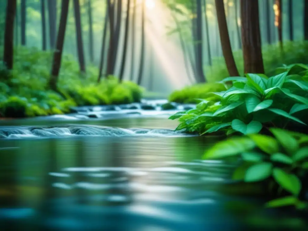 Tranquilidad en el bosque: armonía verde y serenidad natural Un bosque verde exuberante con un arroyo, luz solar filtrada entre las hojas
