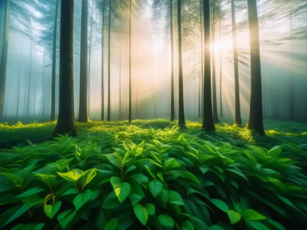 Bosque verde relajante para difusor ecológico Un bosque verde exuberante iluminado por el sol, proyectando sombras en el suelo
