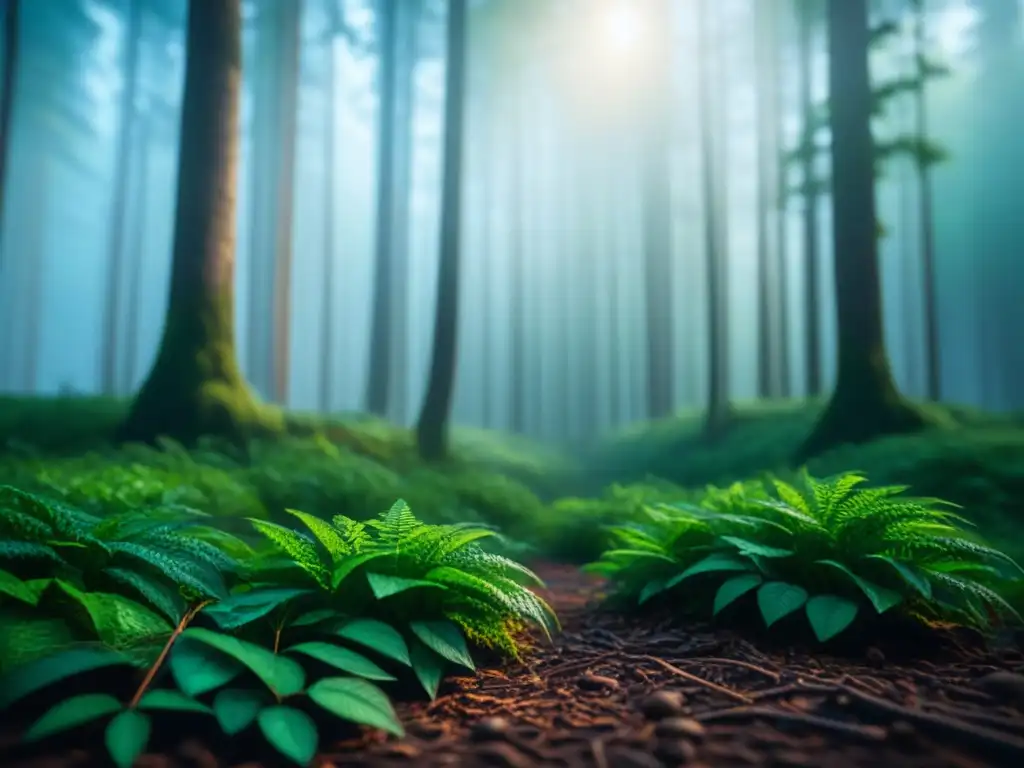 Bosque verde sereno: sol filtrado, sombras danzantes Un bosque verde exuberante con luz solar filtrándose entre las hojas, proyectando sombras moteadas en el suelo