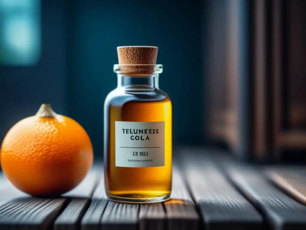 Botella de aceite esencial de naranja sobre madera, iluminada suavemente