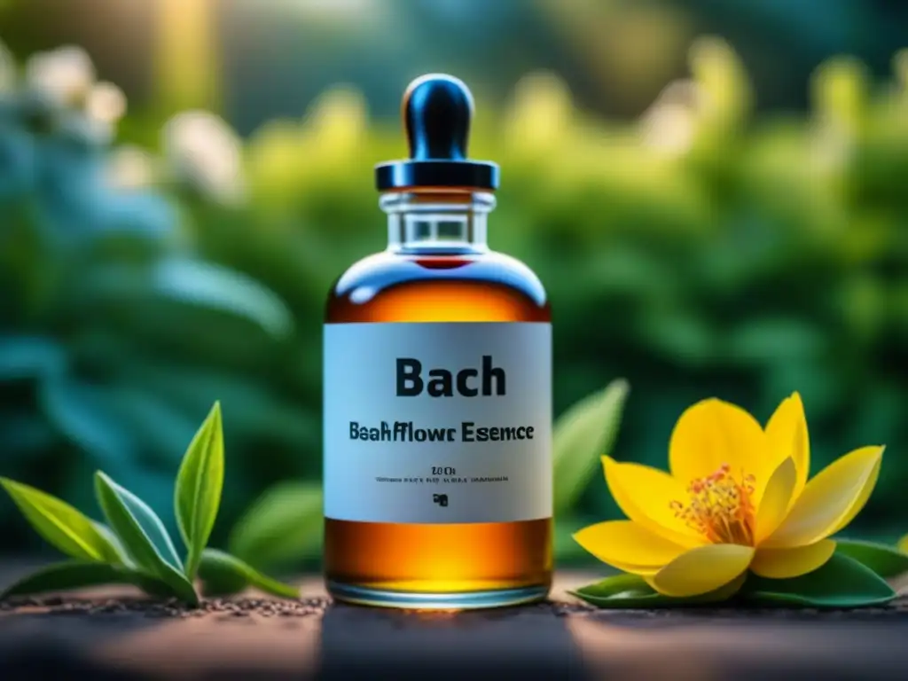Botella de esencia floral de Bach: detalle vibrante y armonioso Botella de esencia floral Bach, con diseño vibrante y elegante, en un jardín armonioso