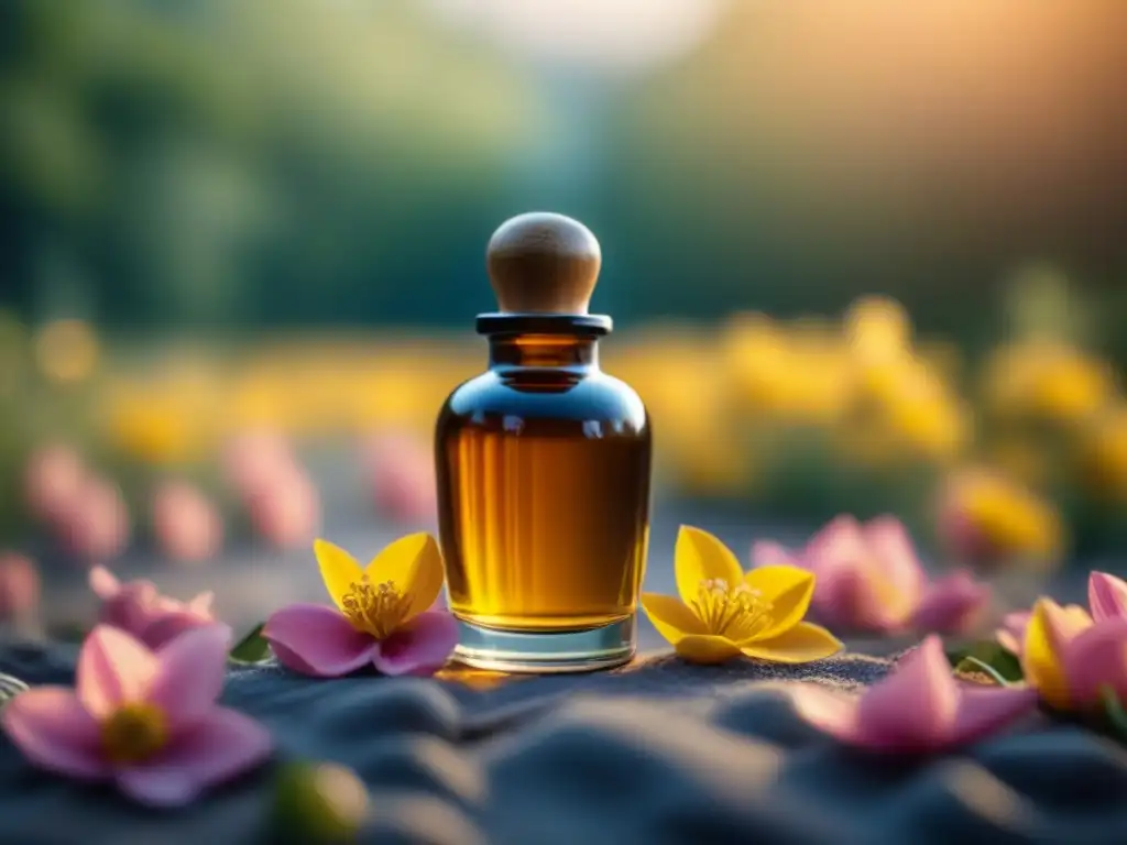 Botella de esencia floral rodeada de naturaleza en tonos pastel Botella de gotero de vidrio con Flores de Bach para relajación, rodeada de pétalos de flores pastel en suavidad y serenidad