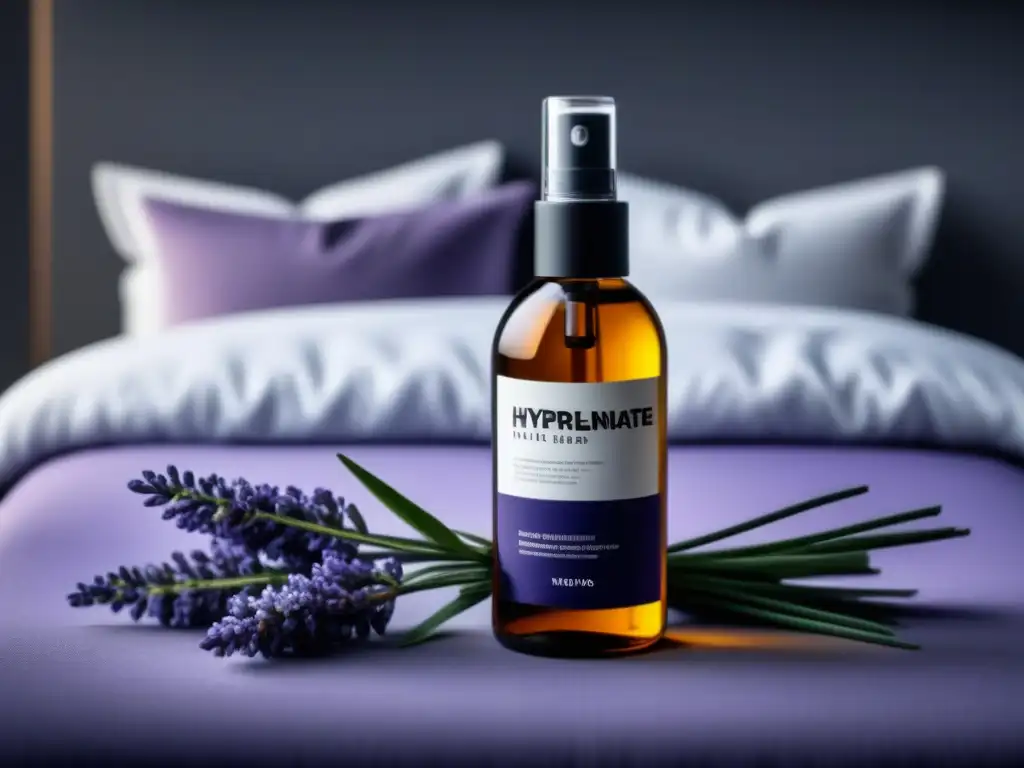 Spray ambiental relajante para hogar en elegante composición Botella de spray ambiental relajante para hogar sobre lavanda, iluminación suave y elegante