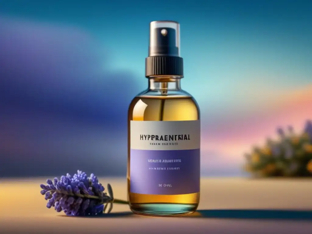 Spray Ambiental Relajante: Armonía y Tranquilidad Botella de spray ambiental relajante para hogar con aroma a lavanda, en un fondo pastel transmitiendo tranquilidad y armonía