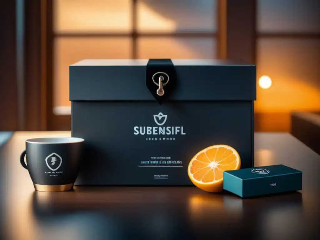 Exclusiva caja de café con encanto: susurros de lujo y elegancia Una caja de suscripción exclusiva de café con diseño minimalista en negro mate, adornada con un encantador dije de llave plateada