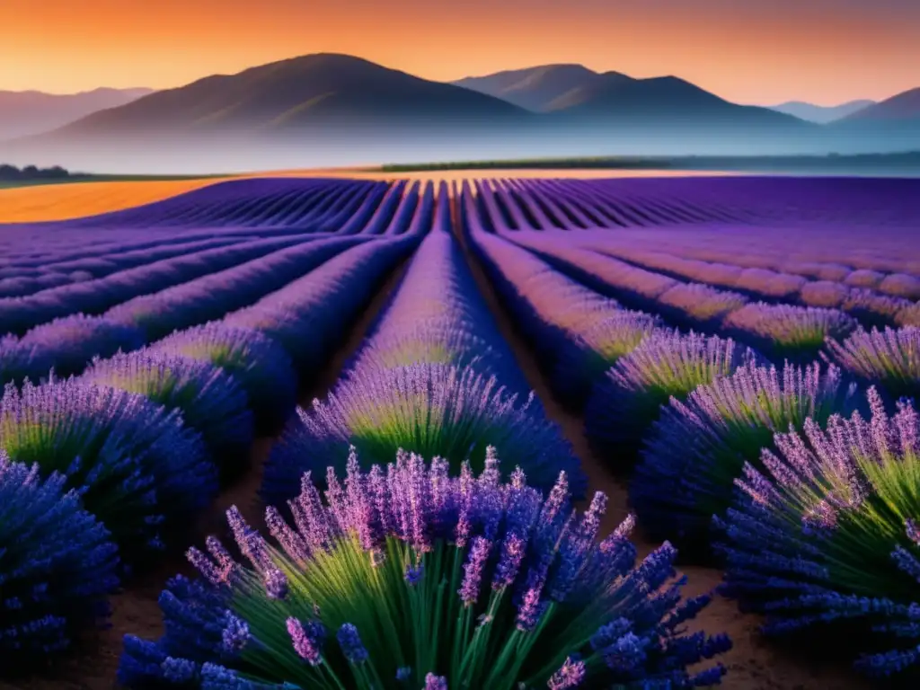 Campo de lavanda al atardecer: tranquilidad y belleza natural Un campo de lavanda al atardecer, con filas de flores moradas bajo un cielo cálido