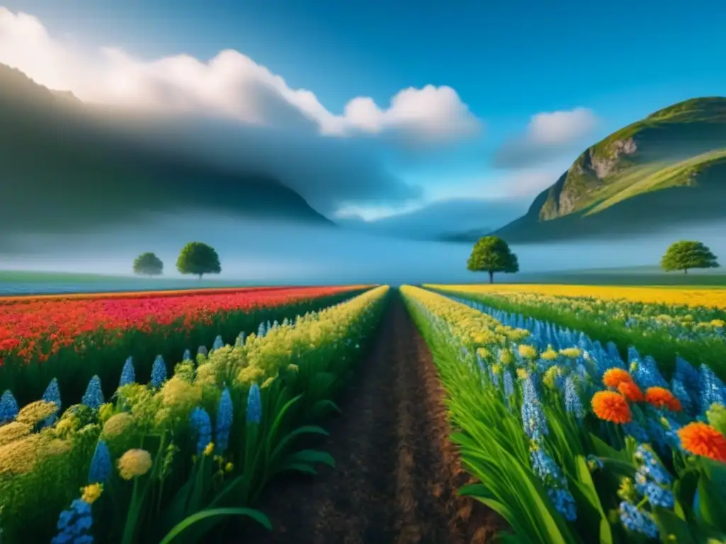Campo verde con flores de Bach: naturaleza vibrante y relajante Un campo verde exuberante con flores de Bach vibrantes bajo un cielo azul claro, transmitiendo serenidad y relajación