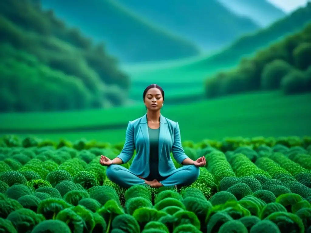 Mediación tranquila en campo verde Meditación en campo verde con verduras, beneficios verduras hoja verde relajación