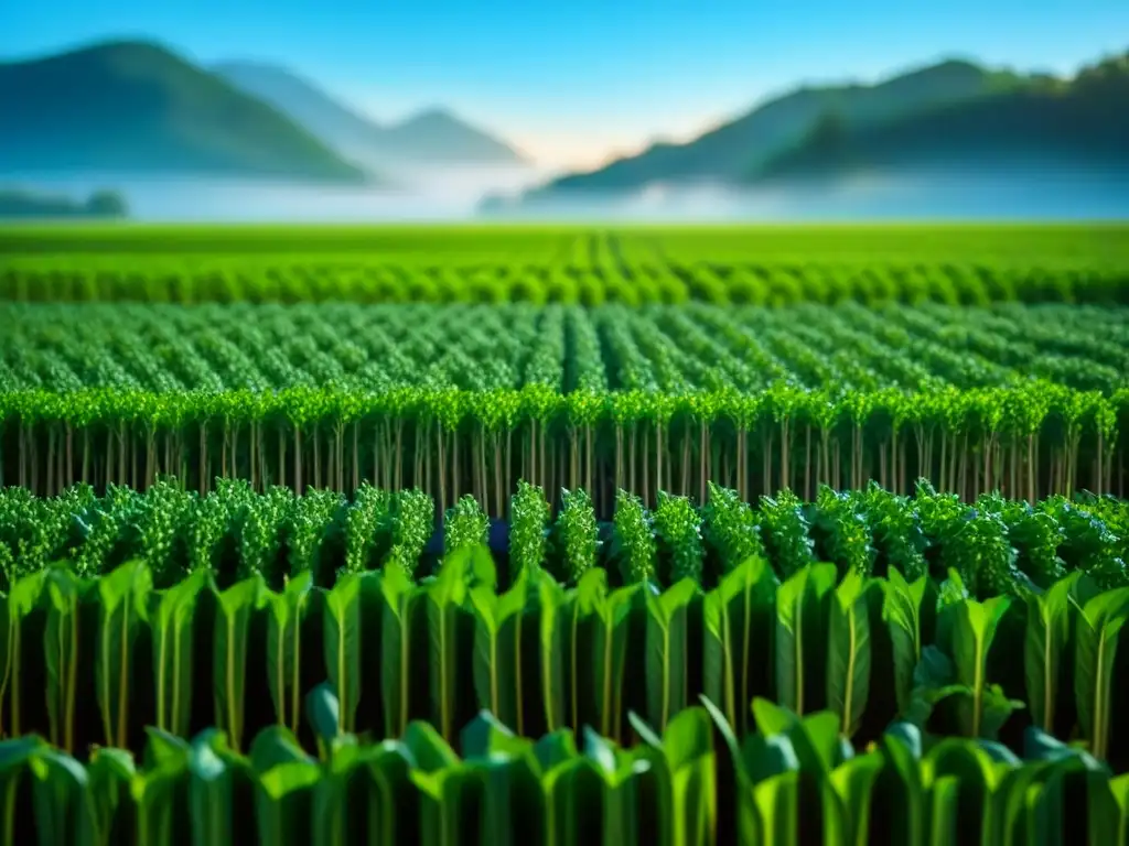 Campo de vegetales verdes: frescura y tranquilidad Un campo verde de verduras bajo el cielo azul, con luz filtrándose entre las hojas, creando una atmósfera serena y calmante