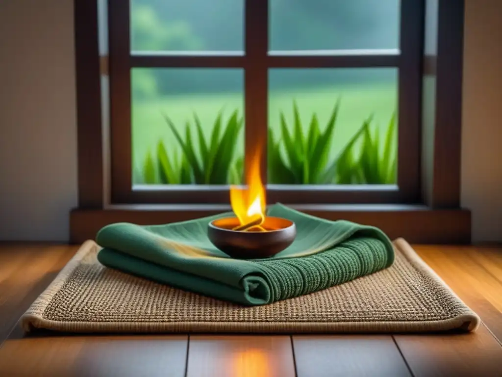 Rincón de meditación sereno y minimalista con incienso Un rincón de meditación en casa: acogedor tapete, altar de madera con incienso, planta verde y manta suave en tonos tierra