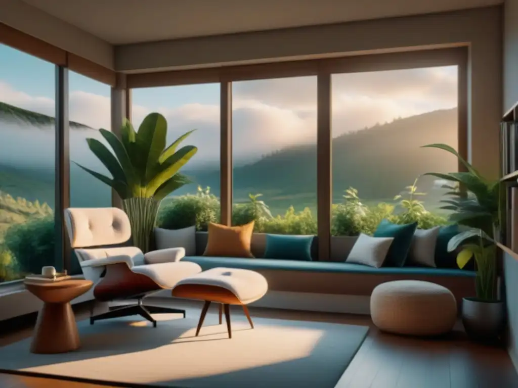 Refugio sereno: rincón de lectura acogedor en casa minimalista Ambientación para relajación en casa: Acogedor rincón de lectura con butaca junto a ventana panorámica y jardín verde