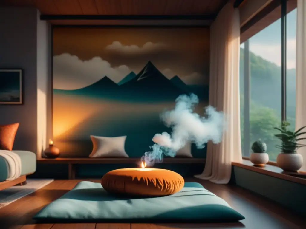Espacio de meditación en casa: serenidad y calma Un rincón de meditación en casa con almohadilla, incienso, arte abstracto y manta suave, ideal para practicar con las mejores apps meditación casa