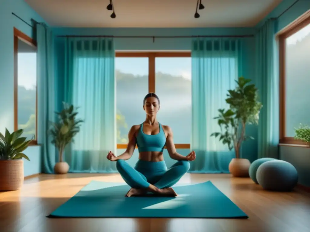 Estudio de yoga en casa: serenidad en azules y verdes Un rincón de yoga en casa con colores suaves y plantas, ideal para relajarte