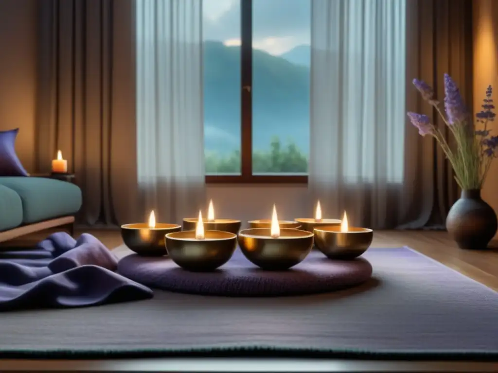 Un rincón de relajación en casa con cuencos tibetanos para relajación hogar, velas y lavanda en una atmósfera serena