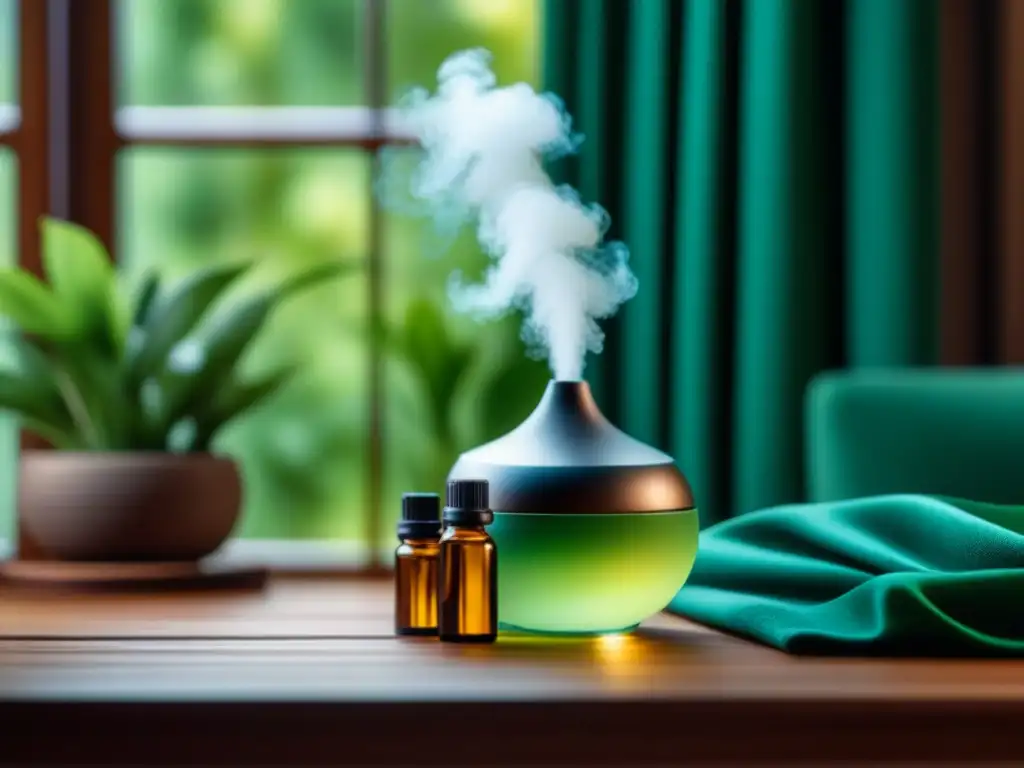 Escena tranquila con difusor de aceites esenciales Aromaterapia en casa: difusor moderno emitiendo aceites esenciales en entorno sereno y minimalista