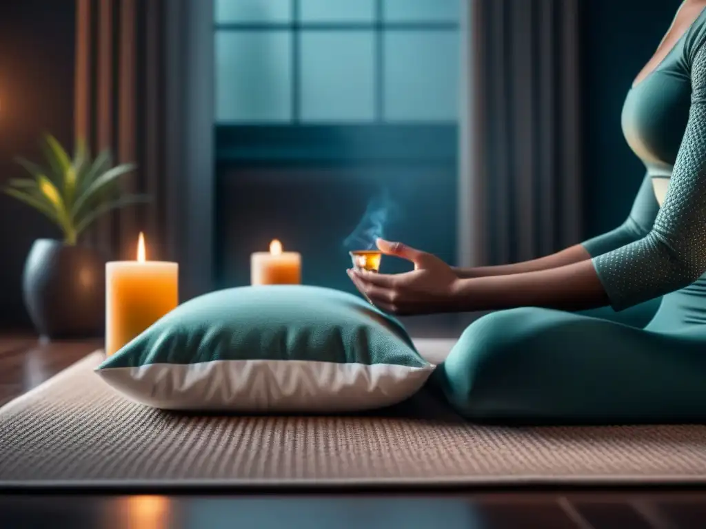Rincón de meditación en casa: lujo y serenidad Un rincón de meditación y yoga en casa, elegante y sereno, con colores suaves y accesorios relajantes