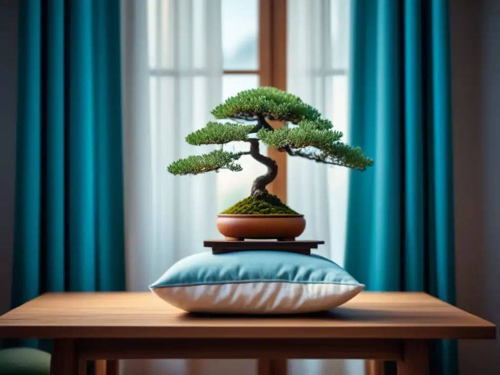 Rincón de meditación en casa: serenidad y minimalismo Rincón de meditación en casa con mesa de madera, bonsái y cojín azul, frente a ventana con jardín tranquilo