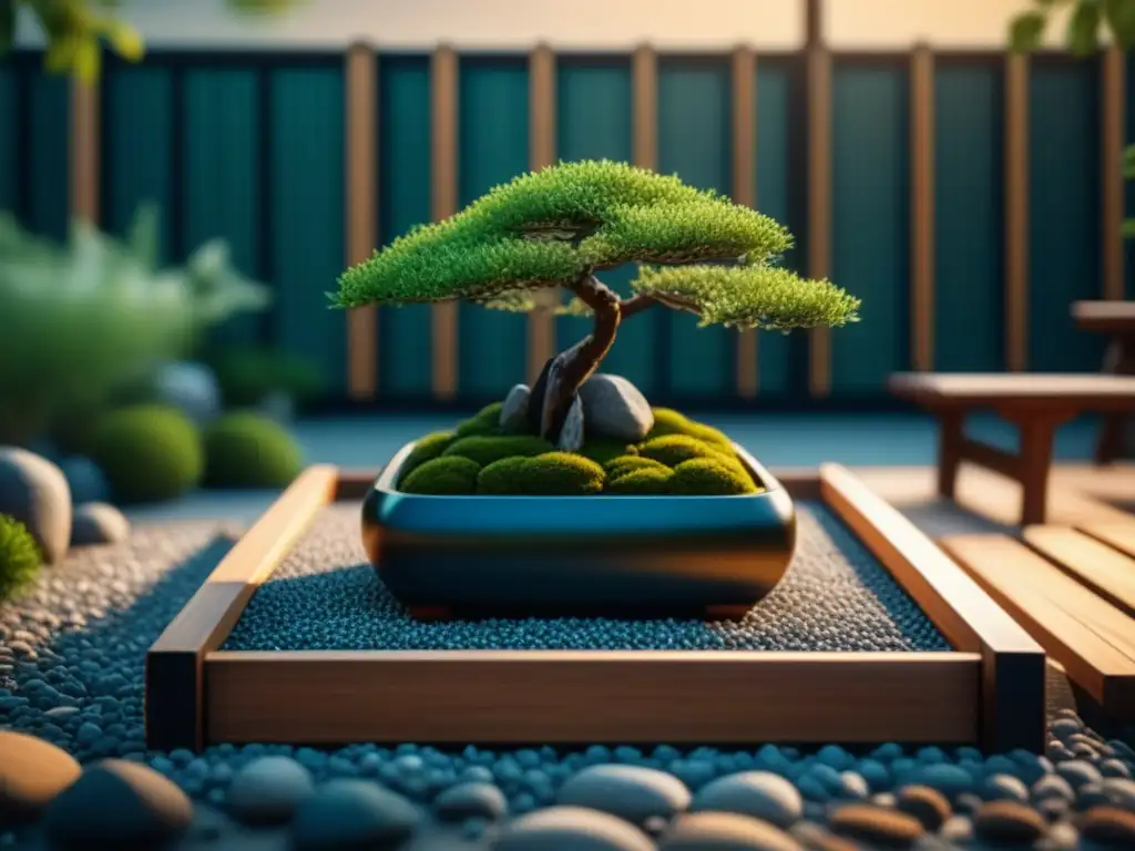 Jardinería zen para relajación en casa: un patio con jardín Zen detallado y sereno, con grava, rocas, bonsái y banco de madera