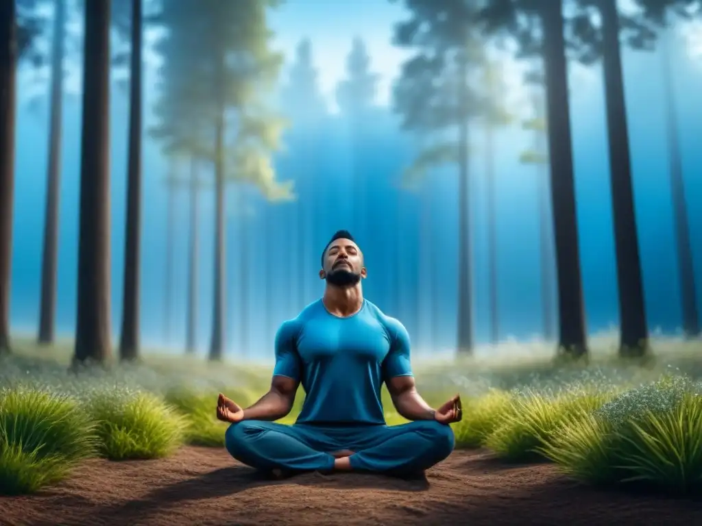 Meditación en la naturaleza: calma y tranquilidad Meditación en casa: Persona en meditación, rodeada de naturaleza, bajo cielo azul y árboles altos