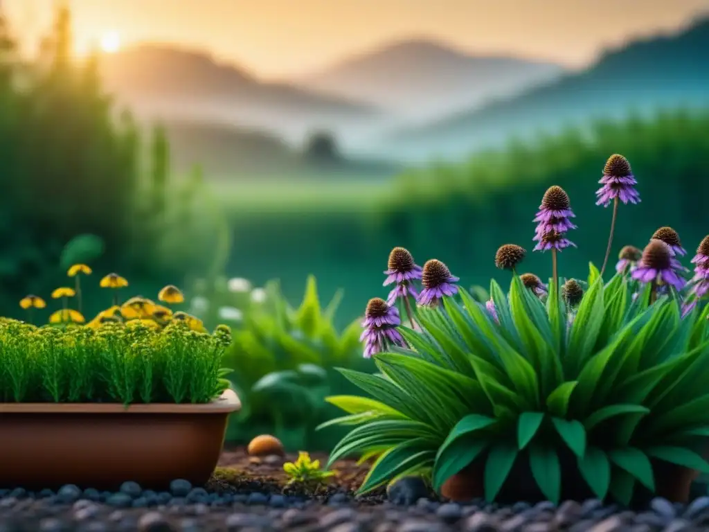 Jardín de hierbas medicinales: oasis de calma y curación Jardín herbal en casa: plantas curativas en un entorno sereno y minimalista