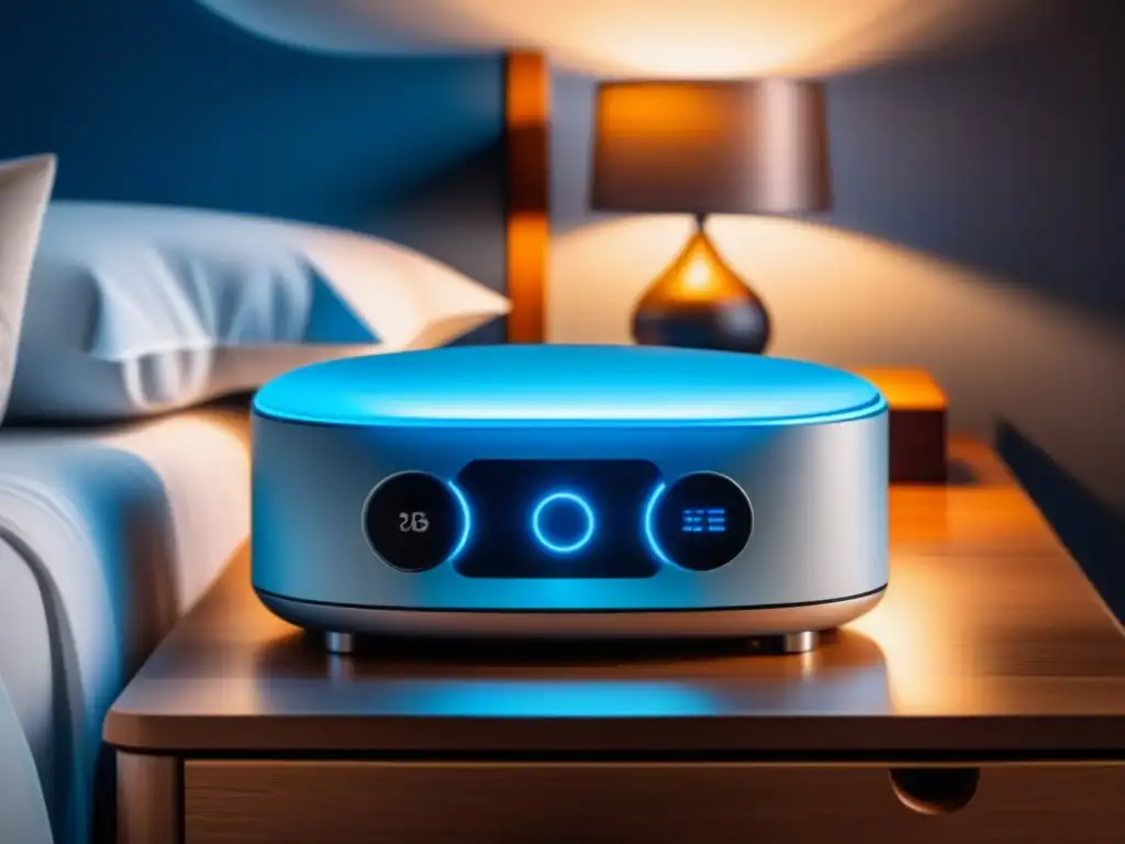 Modernidad relajante: máquina de ruido blanco en mesa de noche de madera Innovación y relajación en casa: máquina de ruido blanco emitiendo luz azul en mesa de noche de madera