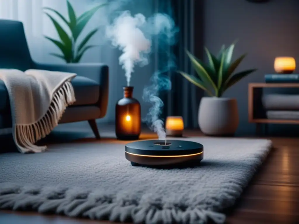 Serenidad en el salón: ambientación acogedora y relajante Ambientación para relajación en casa: Sala acogedora con iluminación suave, plantas y difusor de aceites esenciales