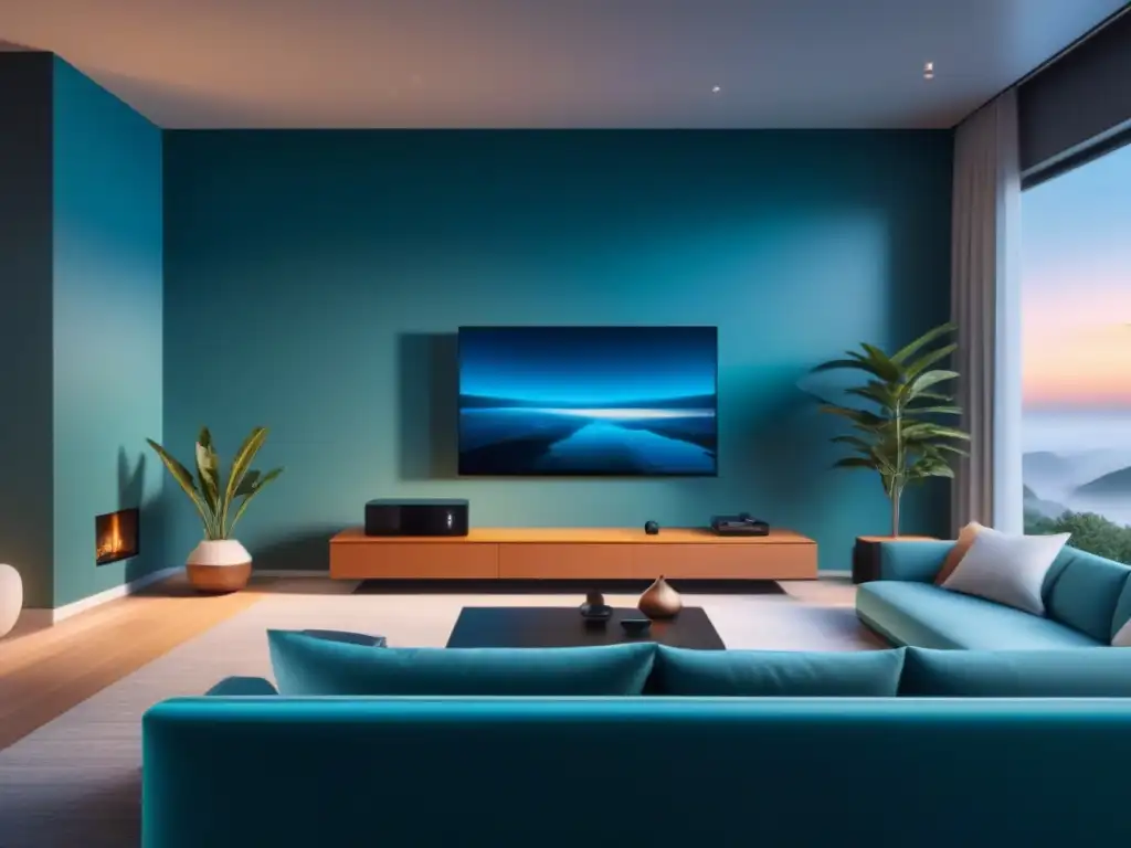 Sala de estar inteligente: equilibrio tecnológico y relax Mejorar relajación en casa con tecnología: Sala minimalista moderna, colores naturales y ambiente tranquilo