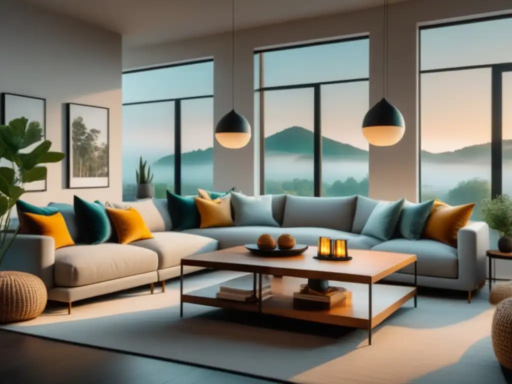 Salón minimalista y sereno: sofá cómodo, tonos cálidos y luz natural Ambientación para relajación en casa: Sala serena y minimalista con tonos suaves y cálida iluminación natural