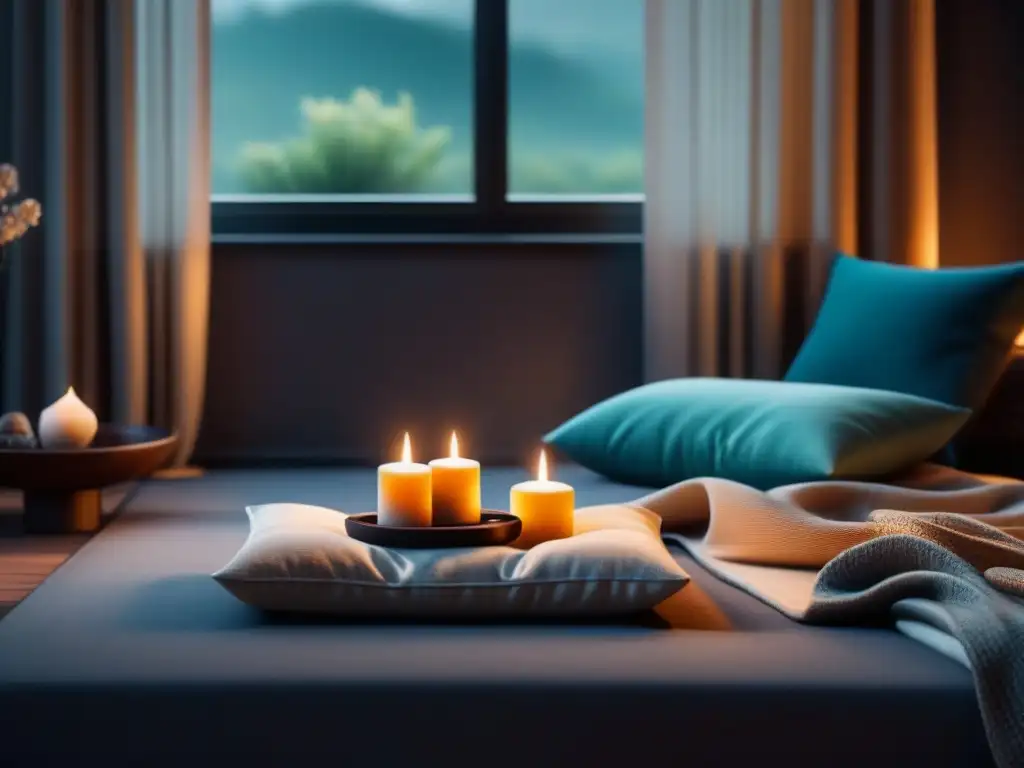 Rincón de meditación en casa: paz y serenidad Rincón de meditación en casa con cojín y velas, libros y difusor, transmitiendo serenidad