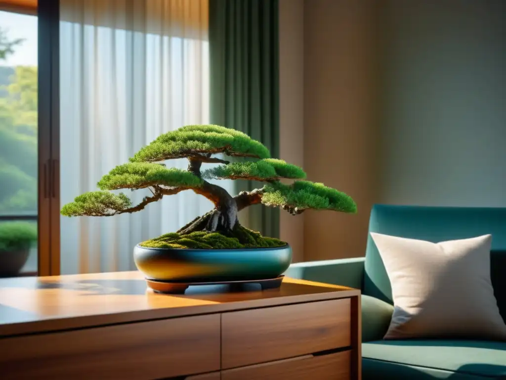 Bonsáis: armonía y elegancia en un salón moderno Cautivador salón moderno con variedad de bonsáis cuidadosamente colocados