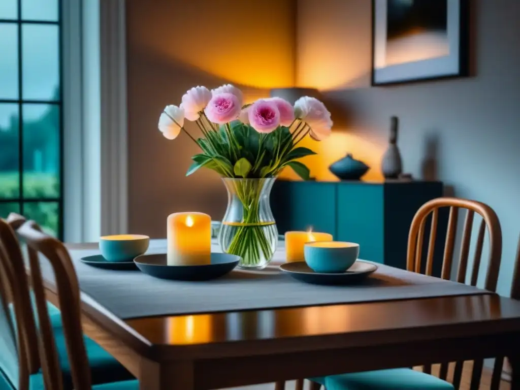 Mesa elegante con velas y flores frescas para una cena especial Cena relajante en casa: mesa elegante con luz de velas, vajilla fina y flores frescas, en un acogedor salón