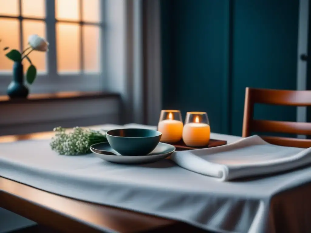 Cena relajante en casa: mesa minimalista con flores frescas y velas Cena relajante en casa: mesa de madera con mantel blanco, vaso de flores, cubiertos plateados y velas