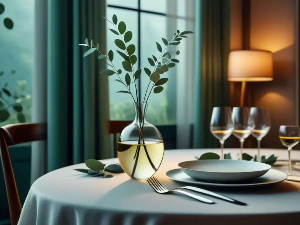 Mesas elegantes: minimalismo con eucalipto para cenas relajantes Cenas temáticas relajantes en casa: mesa elegante con minimalismo, vaso alto con ramas de eucalipto, vajilla blanca y copas de vino