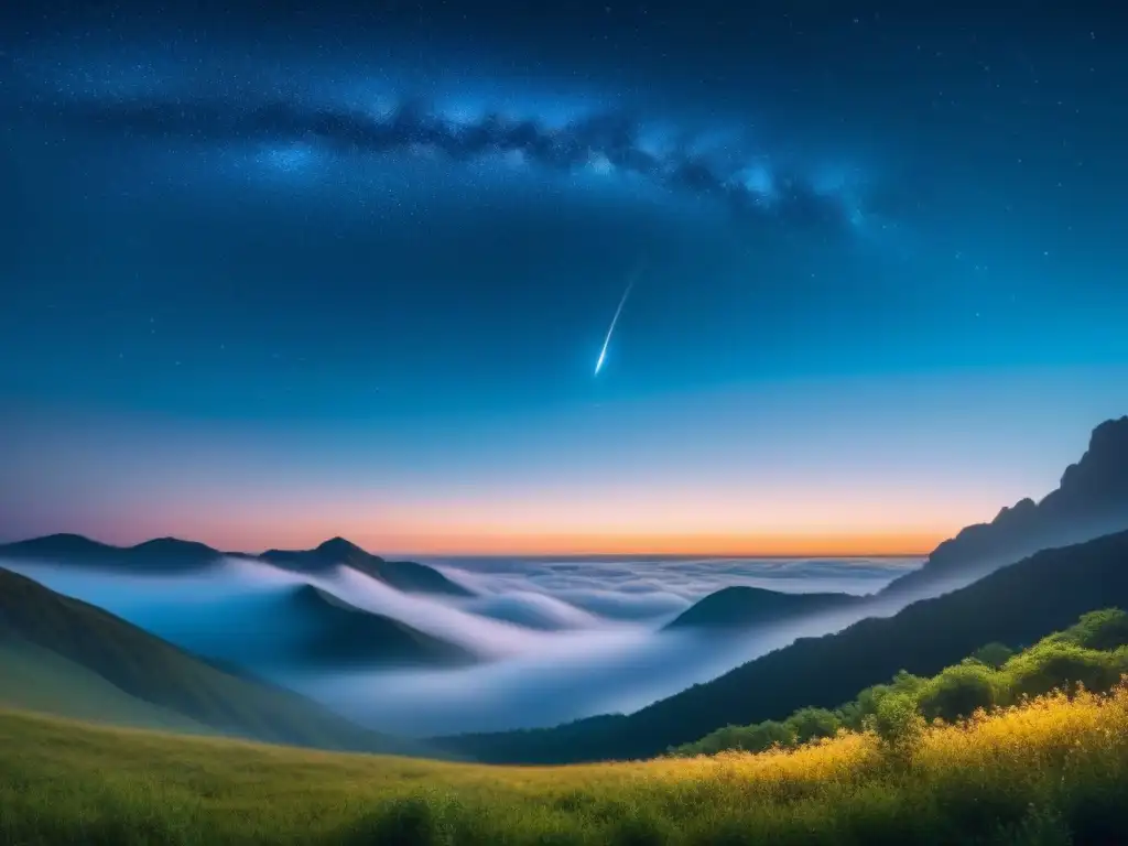 Tranquilidad estelar: sueño profundo con melatonina Un cielo nocturno sereno lleno de estrellas brillantes y una estrella fugaz, simbolizando un sueño profundo con melatonina para sueño profundo